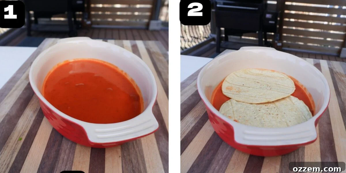 A step-by-step visual guide showing the initial layers of enchilada sauce and corn tortillas being placed in a baking dish.