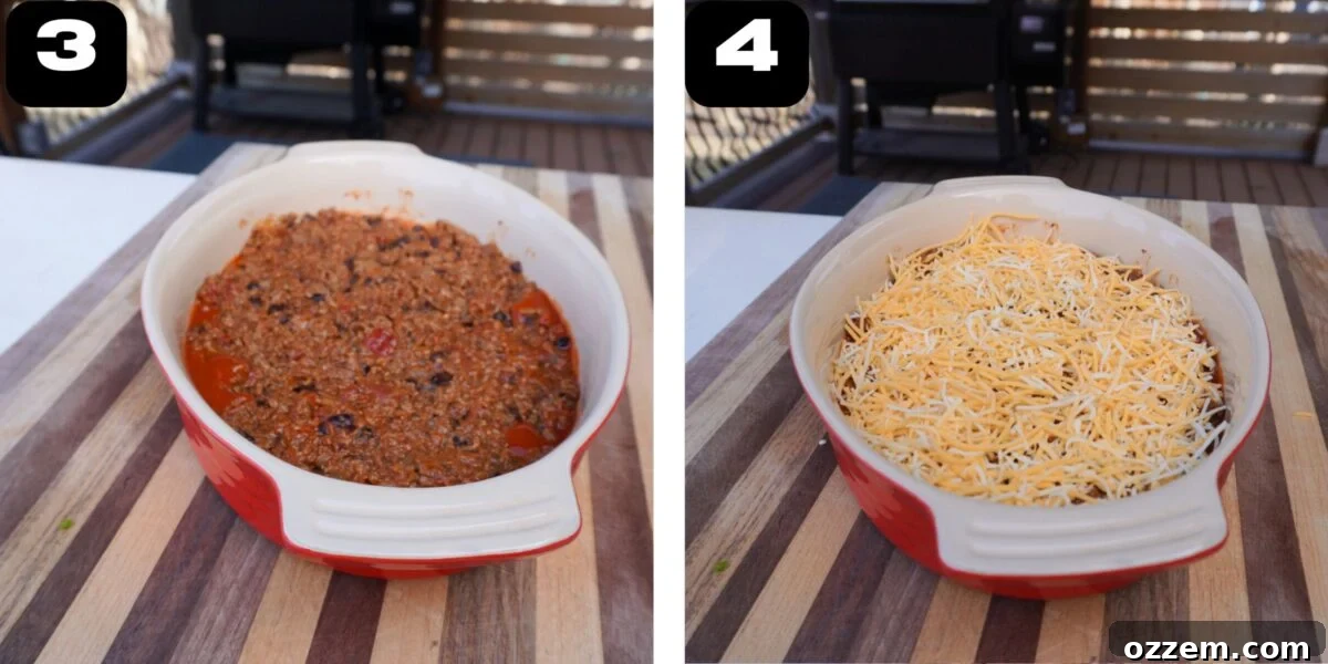 A step-by-step visual guide showing the beef filling and cheese being added to the enchilada casserole layers.