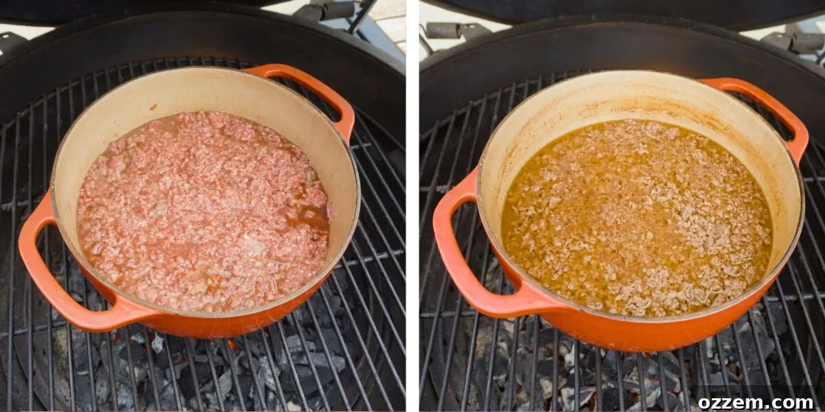 Smoked Chili Fire Dog 5 Smoked chili simmering with liquid levels visible.