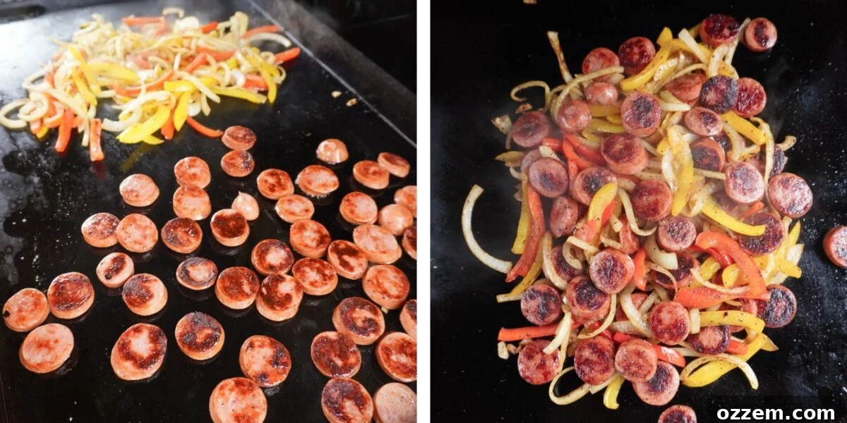 Savory grilled sausage and colorful bell peppers sizzling together on a hot griddle, creating an irresistible aroma for the tortellini dinner.