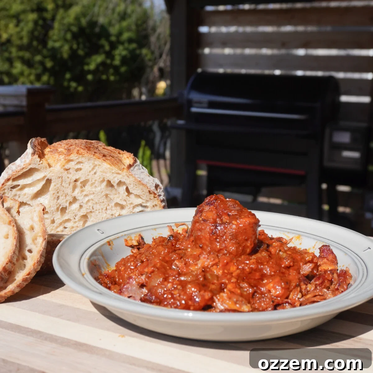 Smoked oxtail served with sauce and fresh herbs, ready to eat.