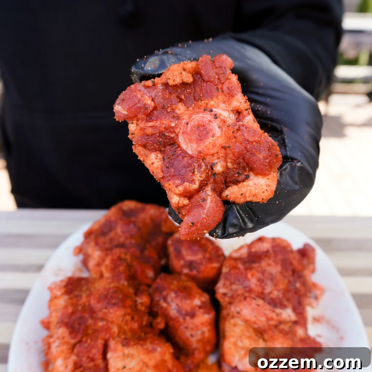 Oxtail pieces seasoned with BBQ rub on a smoking rack.