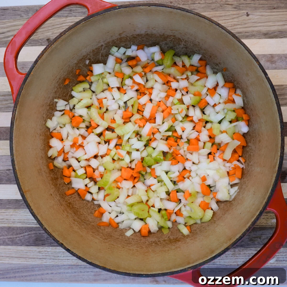 Finely chopped carrots, celery, and onion for the braising liquid.