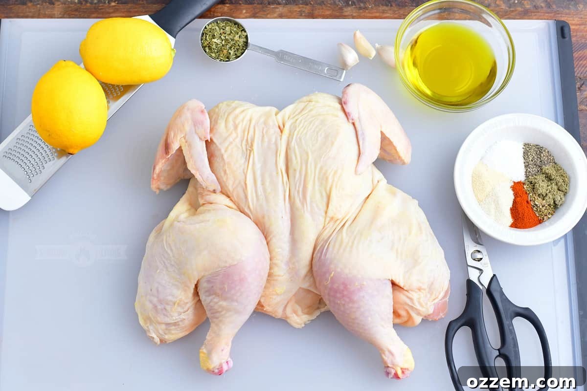 ingredients for grilling spatchcock chicken, including a whole chicken, lemons, oil, and various spices