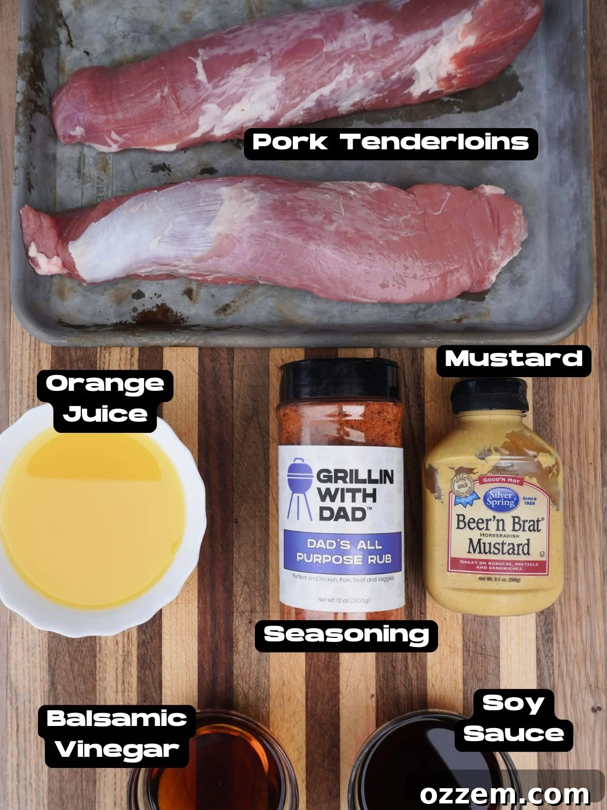 Sweet Meets Savory Pork Tenderloin 3 A selection of marinade ingredients including orange juice, soy sauce, balsamic vinegar, and ginger paste.
