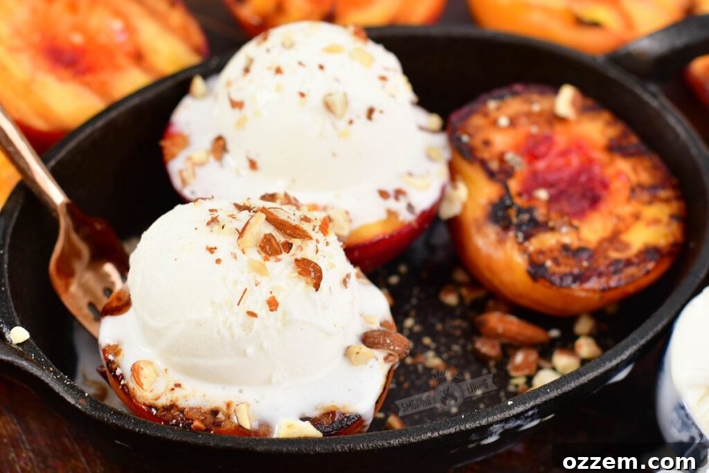 grilled peached is cast iron dish with ice cream