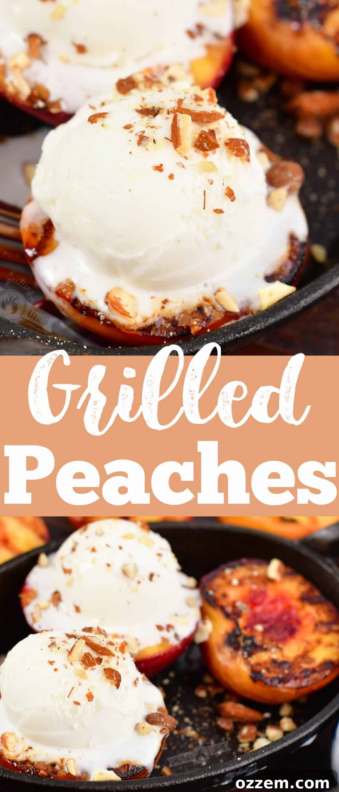 collages of two images of grilled peaches topped with ice cream