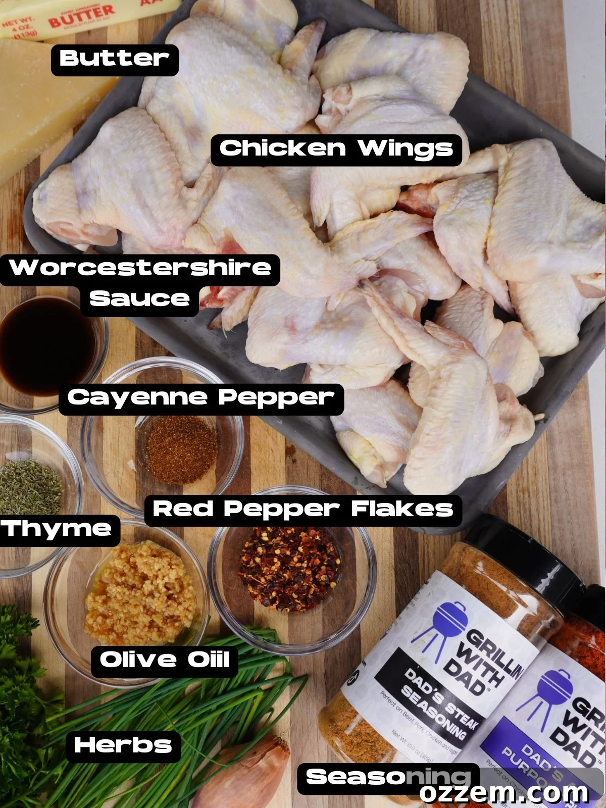 A vibrant flat lay image showcasing all the fresh and dry ingredients required for crafting delicious cowboy butter chicken wings, arranged neatly for clarity.
