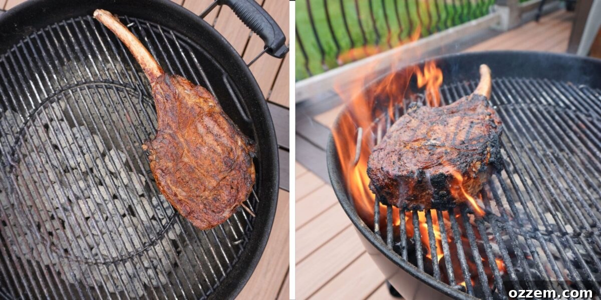Sizzling Tomahawk with Zesty Cajun Butter 6 Comparison images of a Tomahawk steak cooked on the indirect side (left) and then seared on the direct side (right).