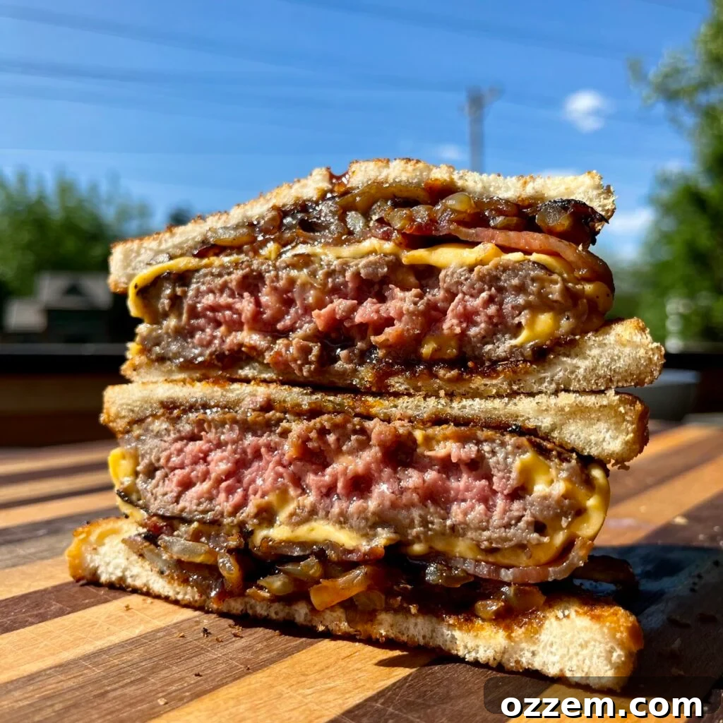 Texas BBQ Melt Sandwich 2 Perfectly grilled BBQ Patty Melt, ready to be served.