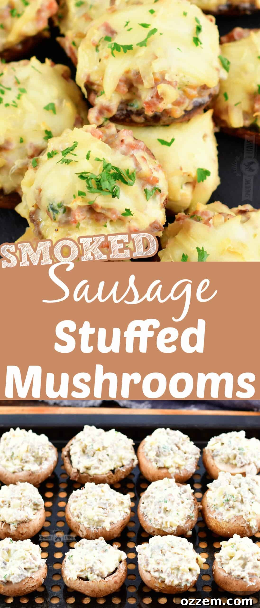 A collage of two images: one showing stuffed mushrooms on a smoker, and another showing a platter of finished smoked stuffed mushrooms.