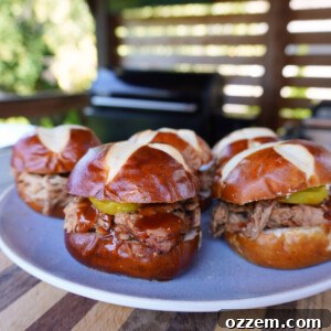 Southern Gold Smoked Pulled Pork 12 Smoked Pulled Pork with Mustard BBQ Sauce sandwiches on pretzel buns.