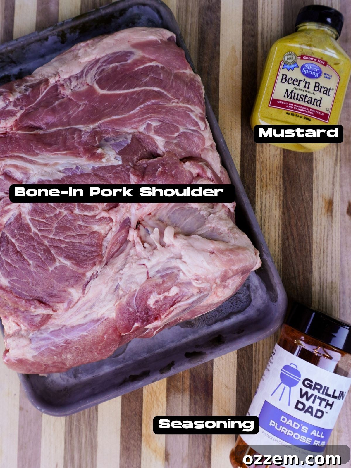 Southern Gold Smoked Pulled Pork 3 Essential ingredients laid out for Smoked Pulled Pork with Mustard BBQ sauce, including pork shoulder, various mustards, and spices.