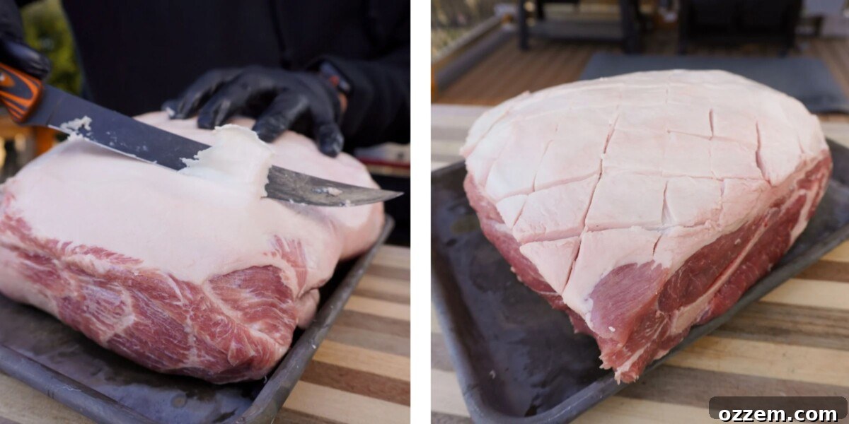 Southern Gold Smoked Pulled Pork 4 Two images demonstrating the proper preparation of a pork shoulder: one showing trimming excess fat, and the other showing scoring the fat cap in a checkered pattern.