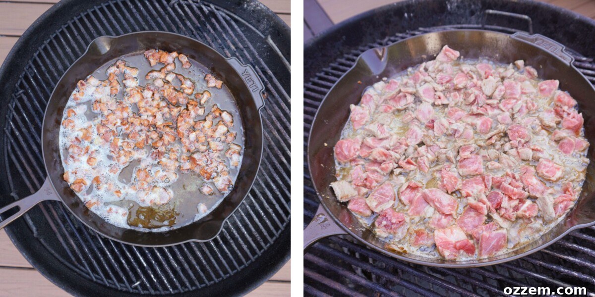 A cast iron skillet on the grill, with crispy bacon on one side and raw sliced beef on the other, sizzling in rendered bacon fat.
