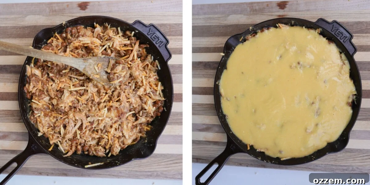 Detailed step-by-step photographs illustrating the meticulous preparation of the BBQ Chicken Cornbread Casserole, from the initial mixing of the hearty ingredients to their precise layering within a cast iron skillet, ready for baking.