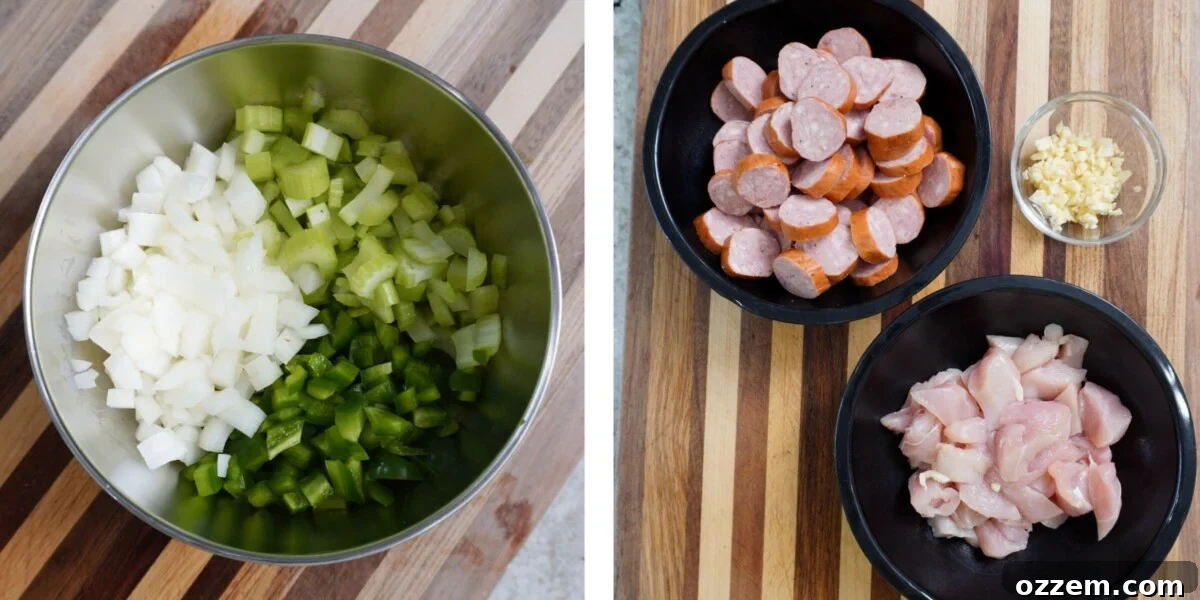 chopped veggies on the left in a bowl, sliced sausage and chicken in bowls on the right.