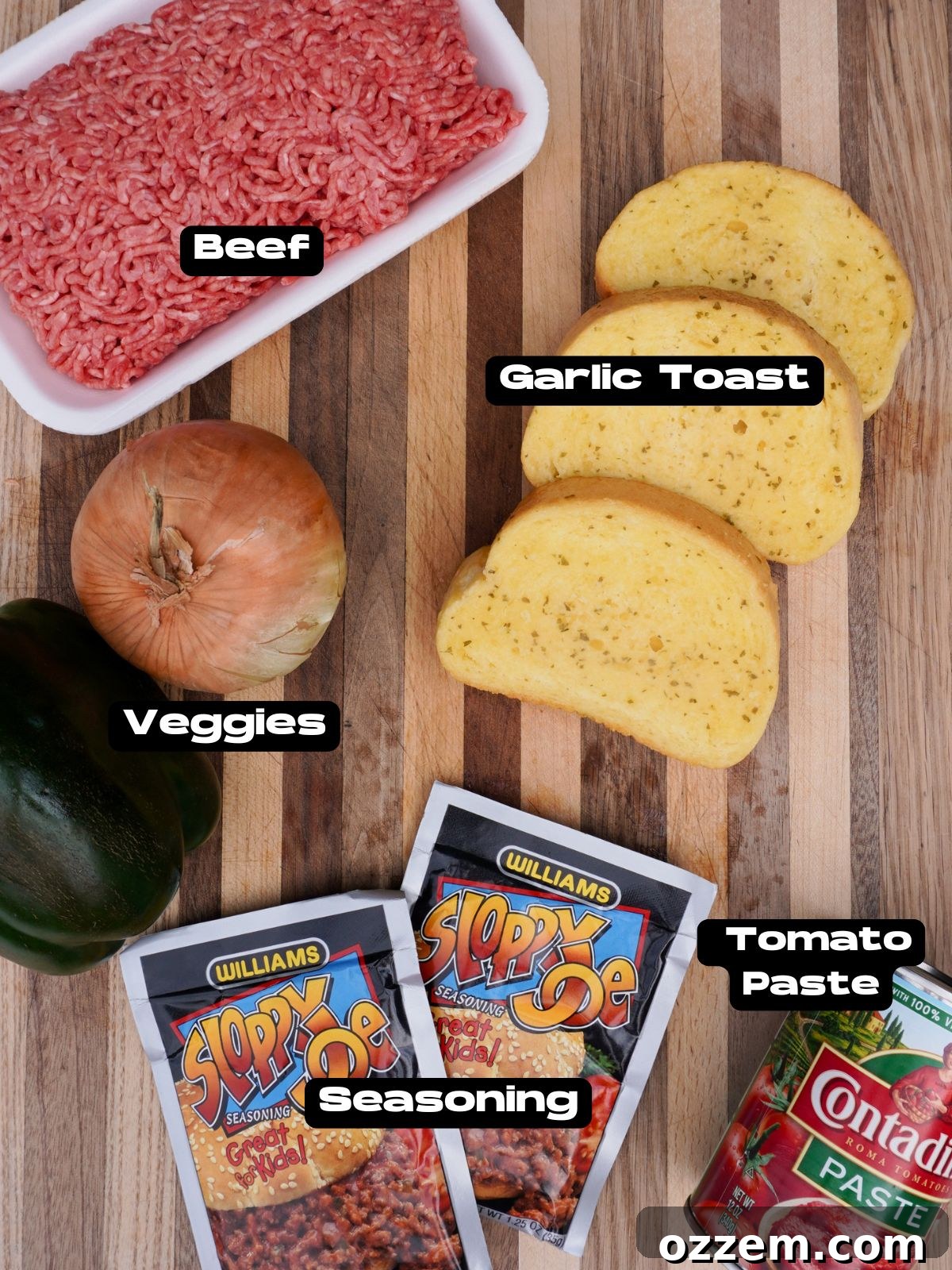 All the ingredients neatly laid out for making Texas toast sloppy joes.