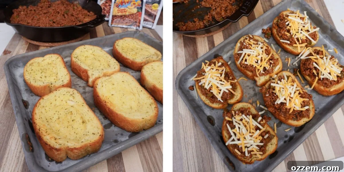 Two images: left shows dented garlic Texas toast slices, right shows fully loaded slices.