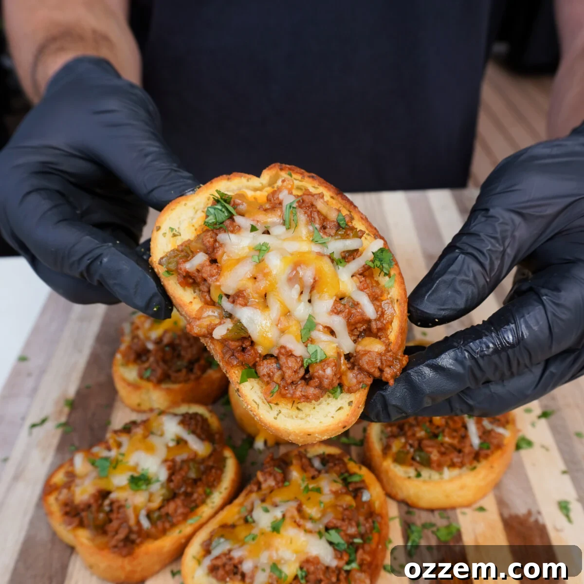 Presented slice of Texas Toast Sloppy Joe, ready to eat.