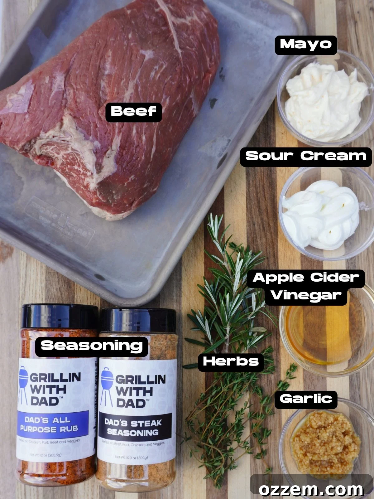 Ingredients needed to make a smoked bottom round roast.