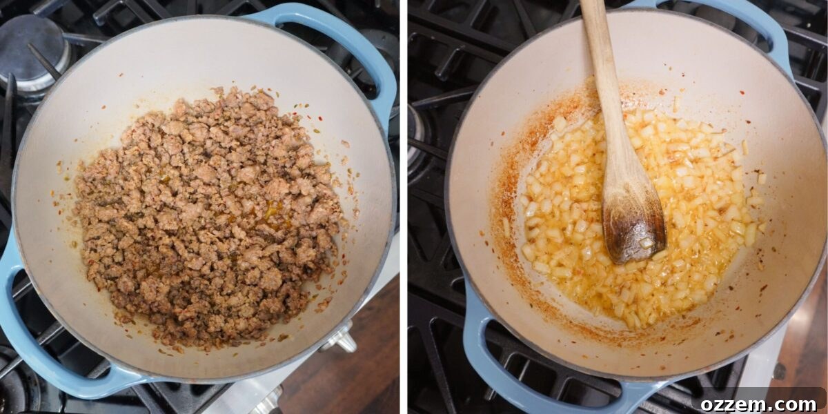 browning of Italian sausage and sauteing onions in a dutch oven.