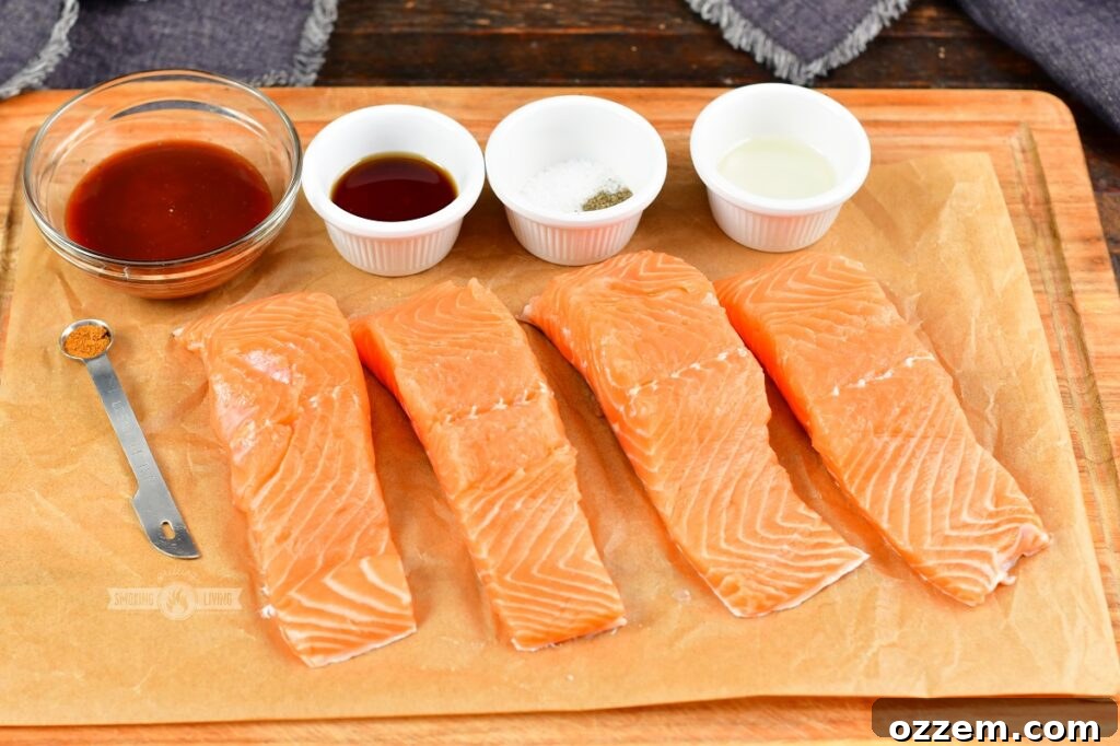 Caramelized Maple BBQ Grilled Salmon 4 Fresh ingredients for maple BBQ salmon: salmon fillets, BBQ sauce, maple syrup, and spices