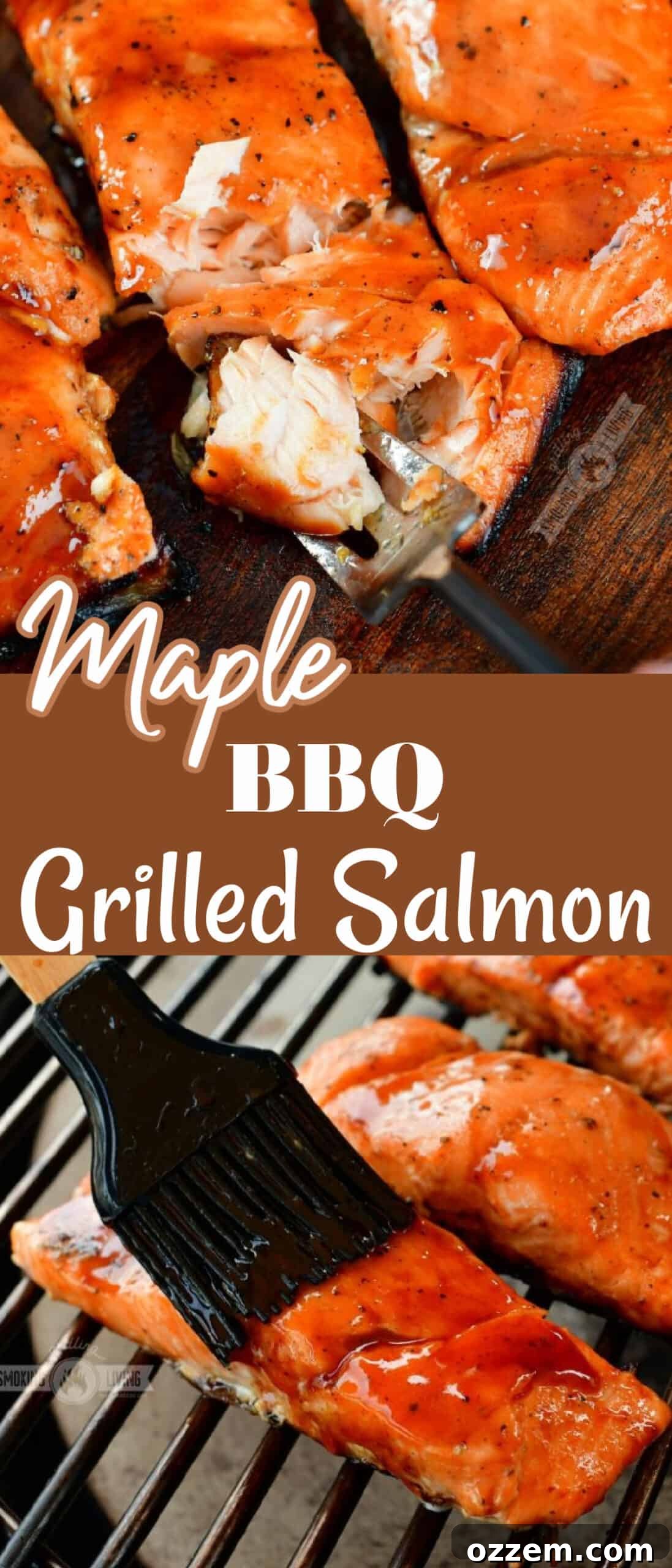 Caramelized Maple BBQ Grilled Salmon 10 A collage of two images: a close-up of grilled salmon and a hand brushing it with glaze