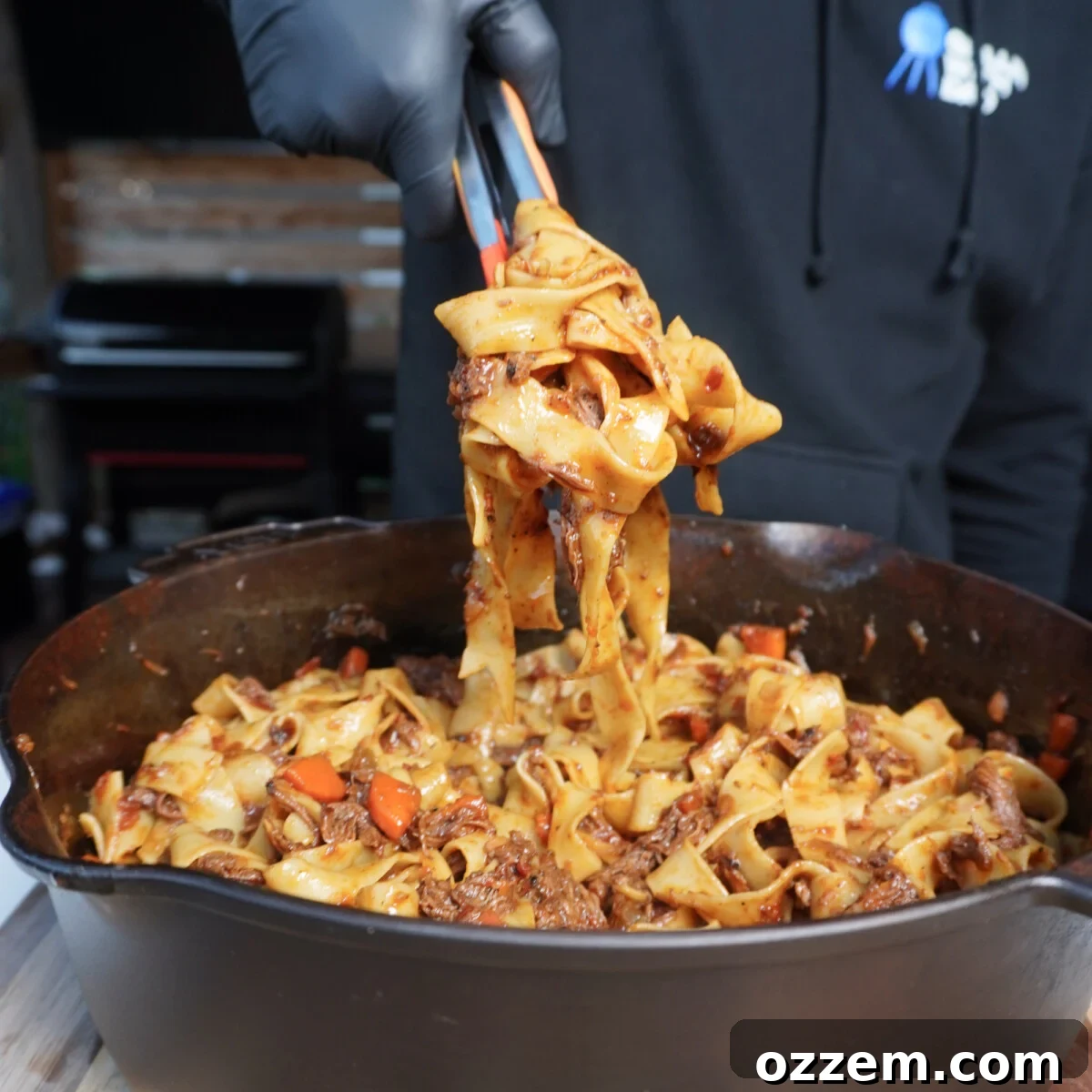 A close-up of the finished grilled short ribs ragu.