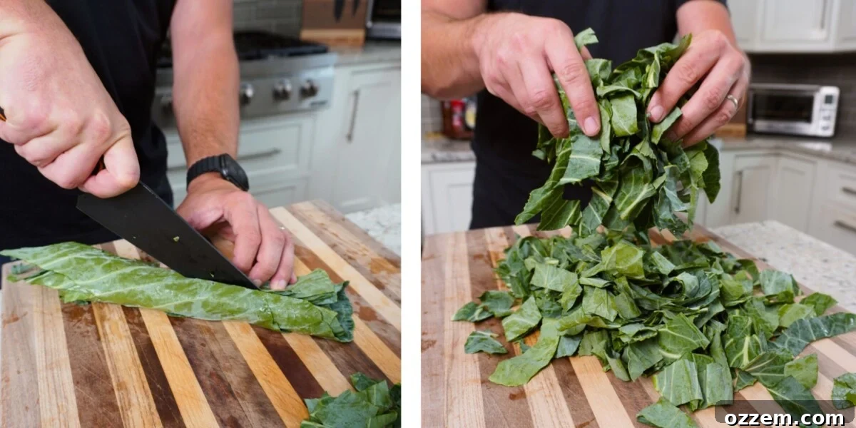 slicing steps for collard greens.