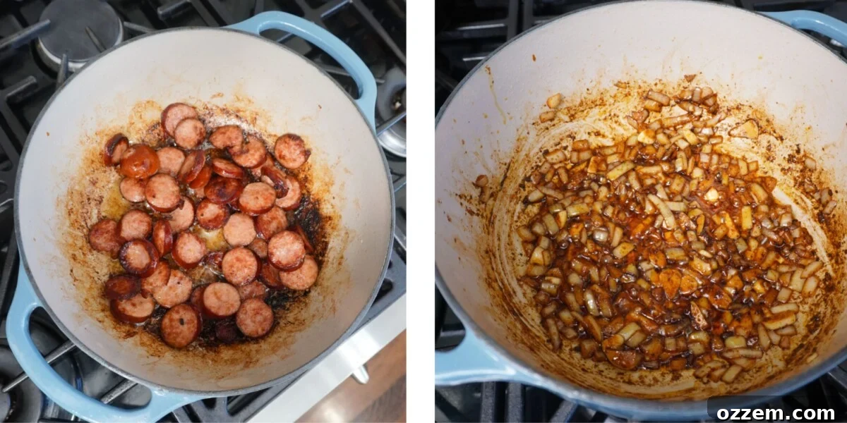 seared sausage and sauteed onion and garlic in dutch oven.