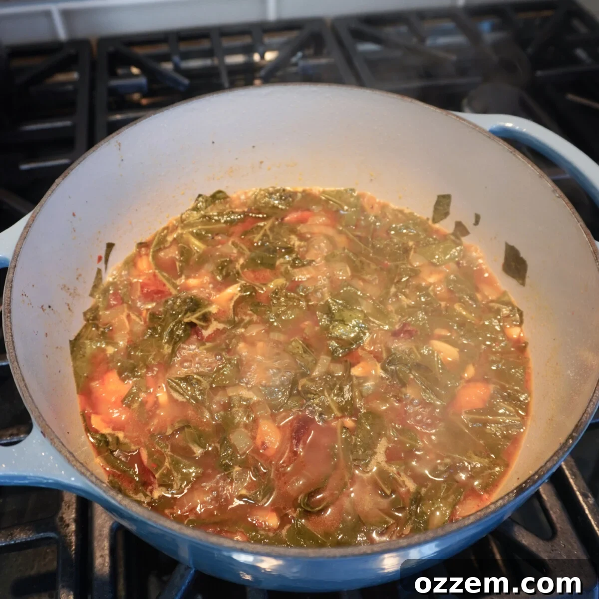 cooked down collard greens and sausage.