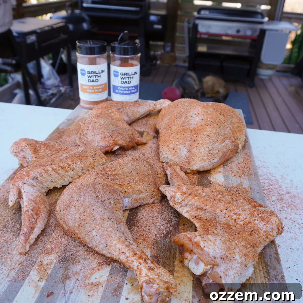 Raw turkey pieces, seasoned with a sweet BBQ rub, ready for the grill.