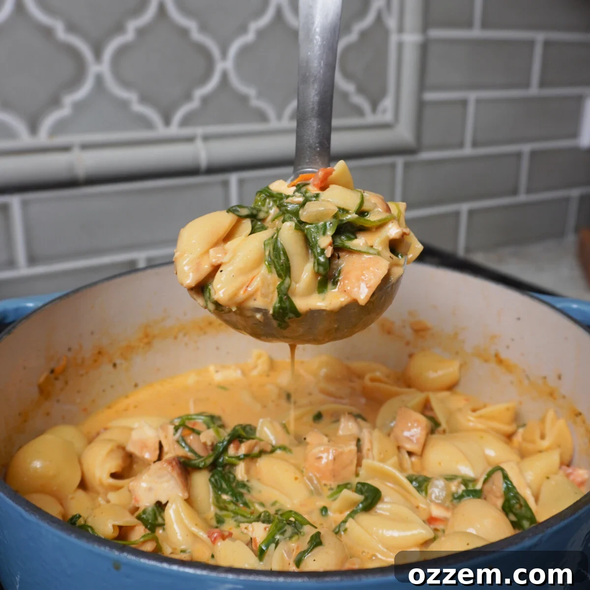 A ladle serving a generous portion of creamy Easy Marry Me Chicken Soup, showing tender chicken, sun-dried tomatoes, and noodles.