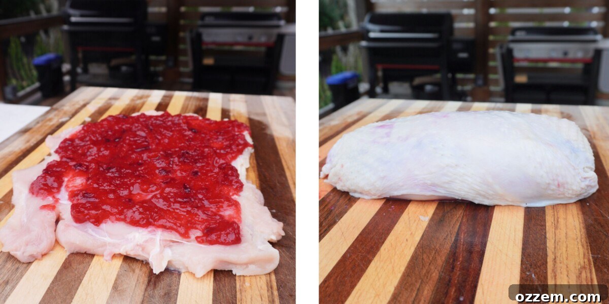 Two images, on the left showing a layer of cranberry sauce on filleted turkey breast and on the right, rolled up wrapped in the skin.