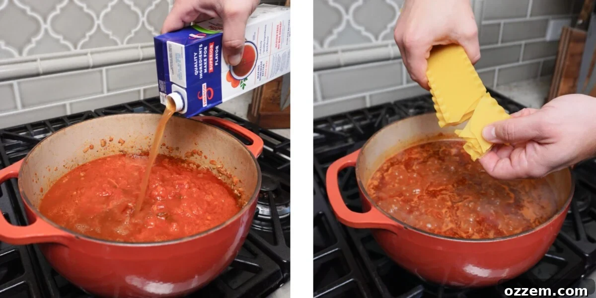 Left, broth being added to the Lasagna soup, on the right, breaking up lasagna noodles to the soup.