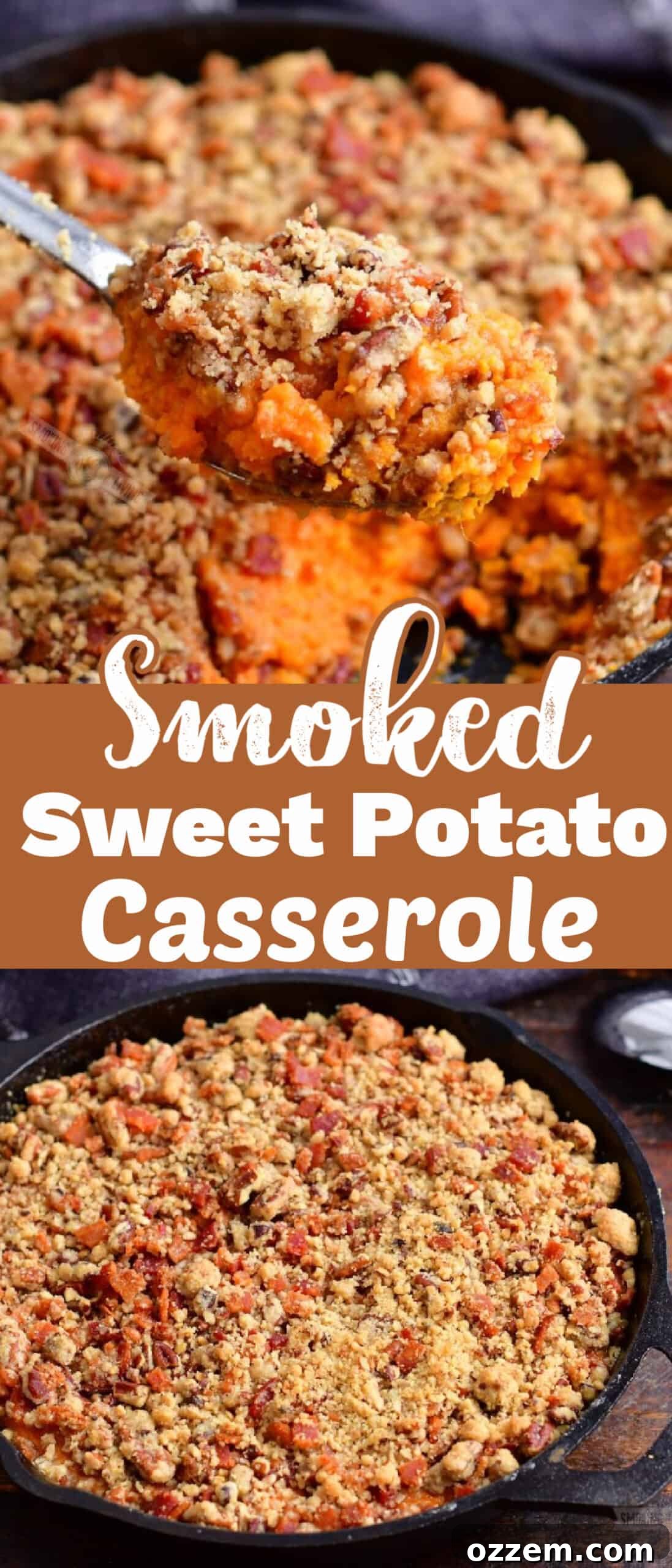 A stunning collage of two close-up images showing the irresistible texture and vibrant colors of the Smoked Sweet Potato Casserole, highlighting the crispy topping and creamy interior.