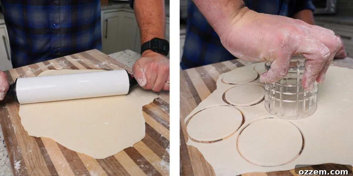 BBQ Pulled Pork Pierogi 8 Hands rolling out dough and using a glass to cut out circular shapes.