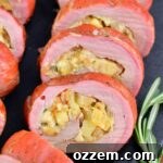 closeup on the stuffing inside the smoked pork tenderloins