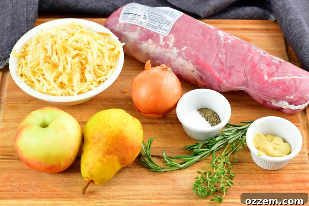 ingredients for stuffed pork tenderloin on a cutting board