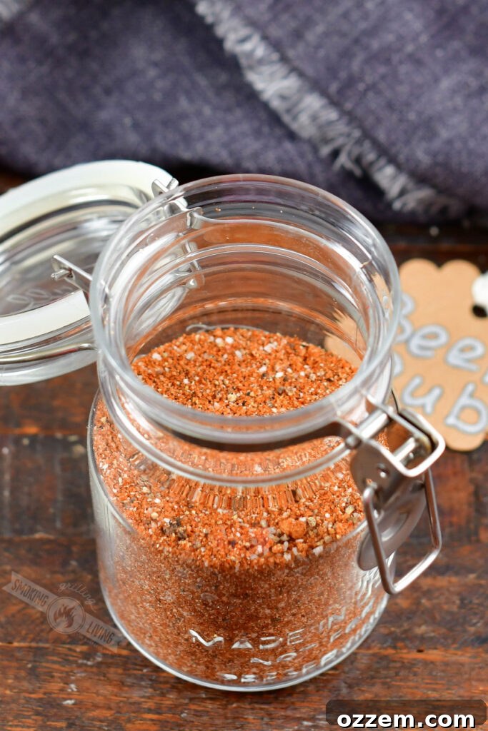 top view of open jar with beef dry rub, ready for use