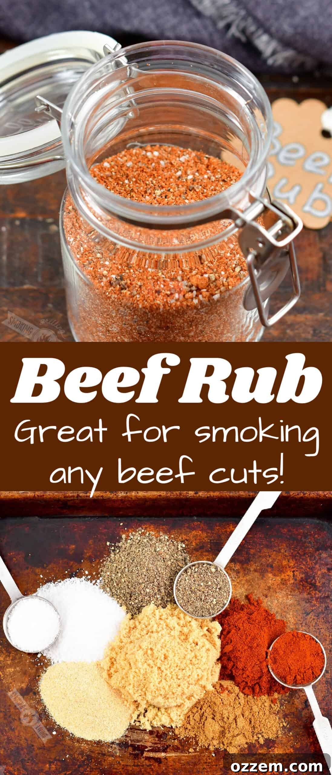 collage of two images of dry rub in the jar and spices on the tray, highlighting ingredients and final product