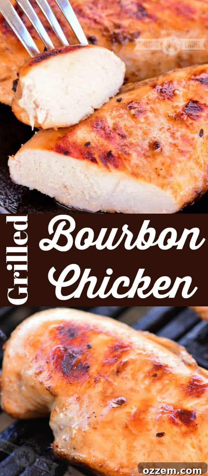 Bourbon Glazed Grilled Chicken 9 A long collage showcasing different stages of making grilled bourbon chicken, from raw marinade to cooked and sliced.