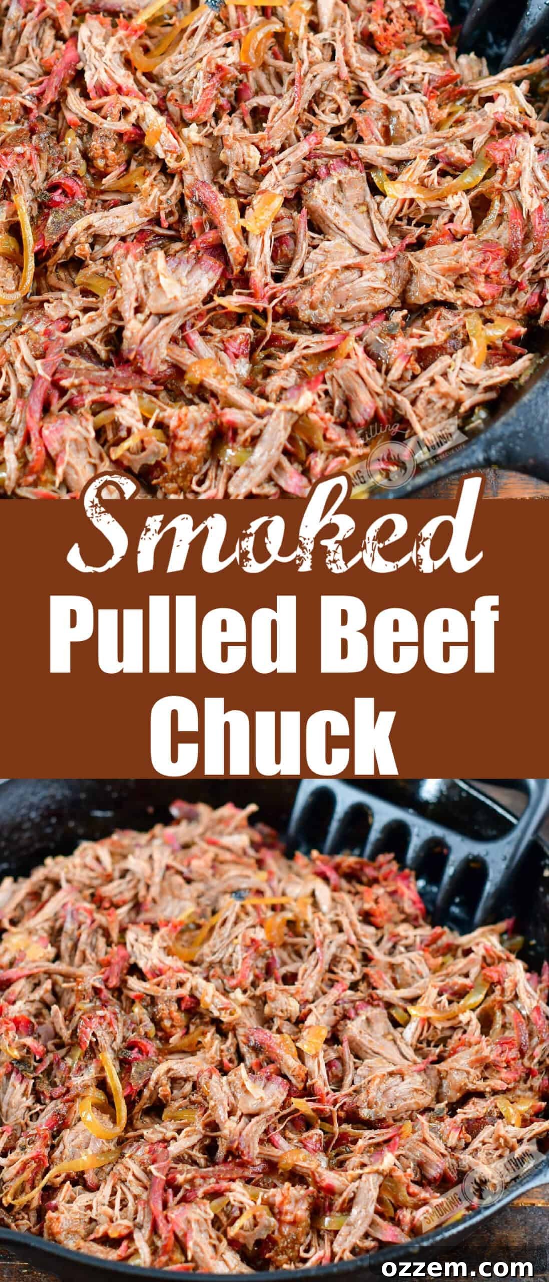 A vibrant collage showcasing two appetizing images of smoked pulled beef chuck in a skillet, with a recipe title overlay, perfect for Pinterest