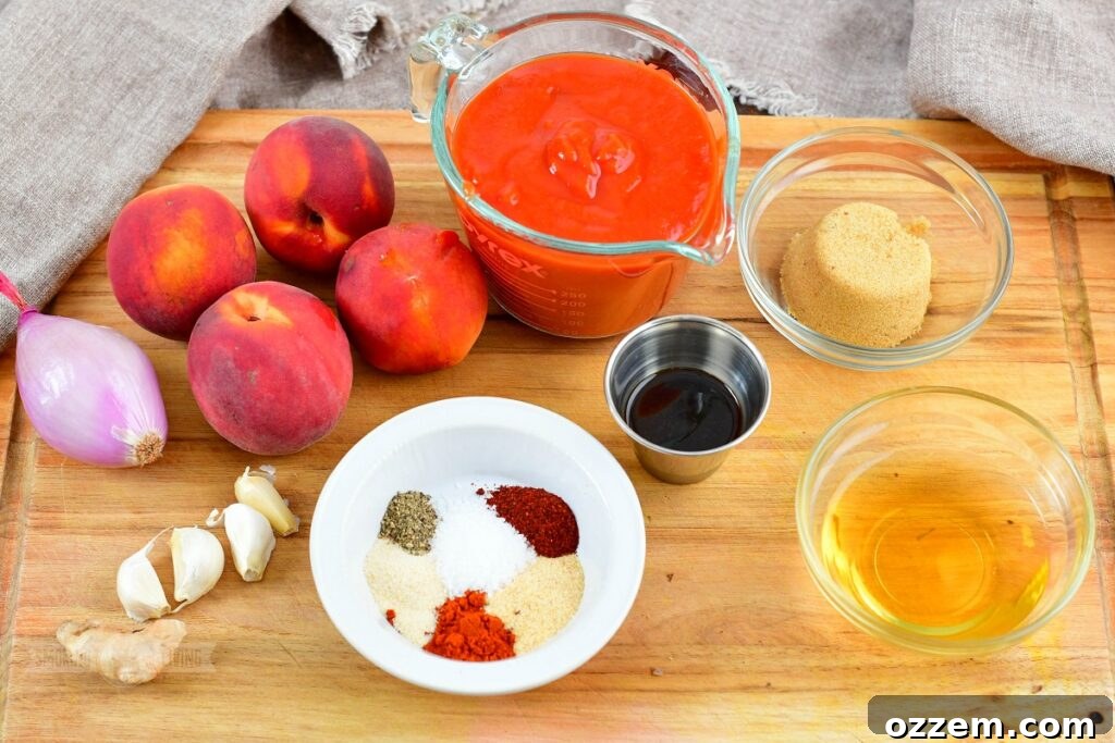 Fresh ingredients laid out for making peach BBQ sauce