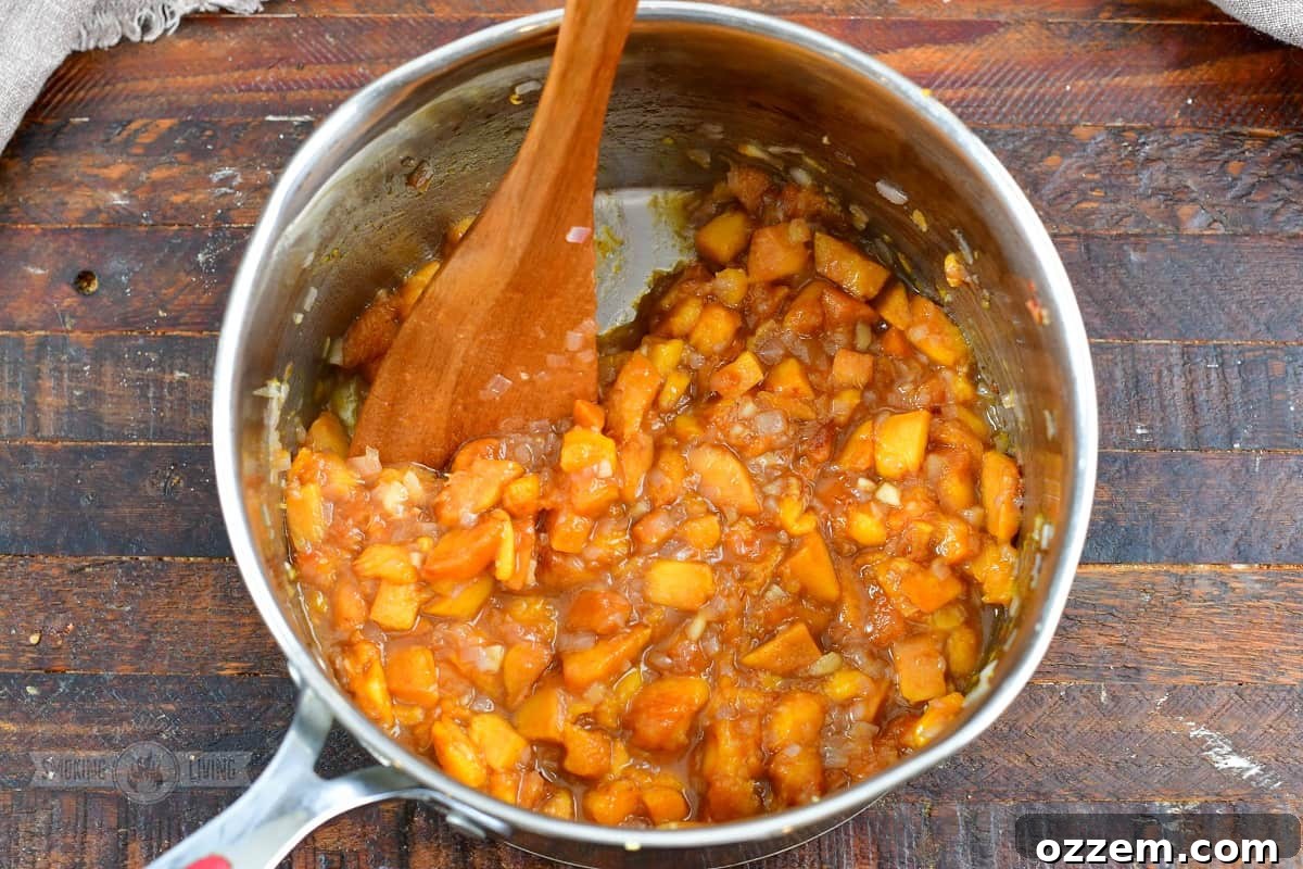 Chopped peaches and shallots for the BBQ sauce