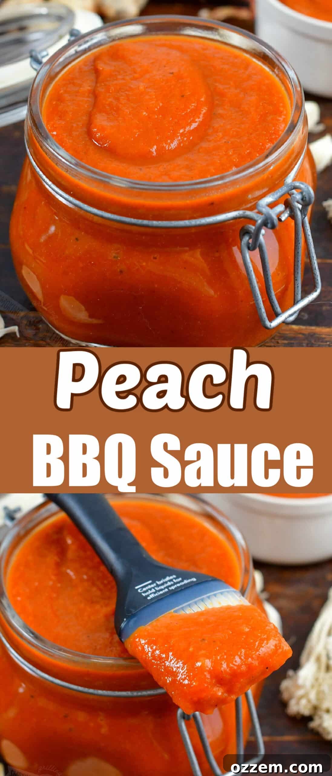 Collage of two images: close-up of BBQ in a jar and scooped sauce