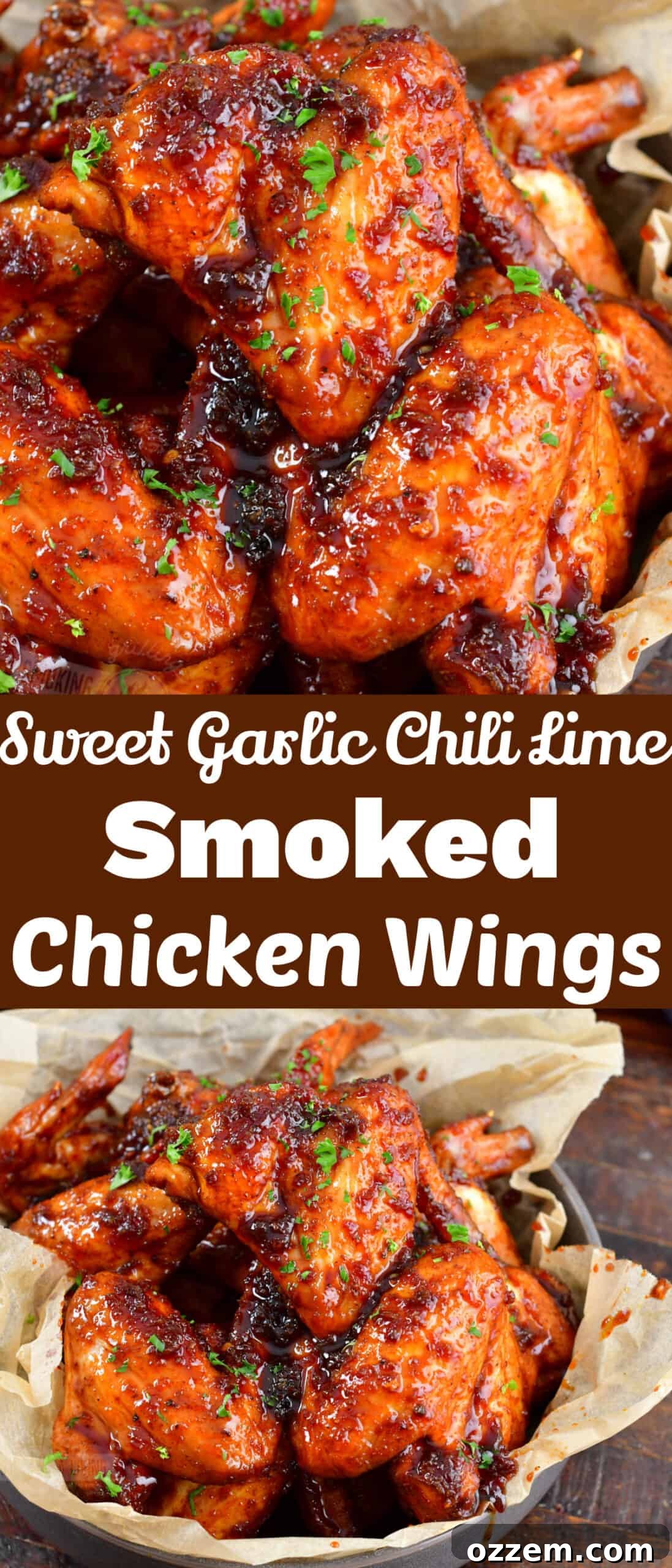 collage of glazed chicken wings with title in the middle