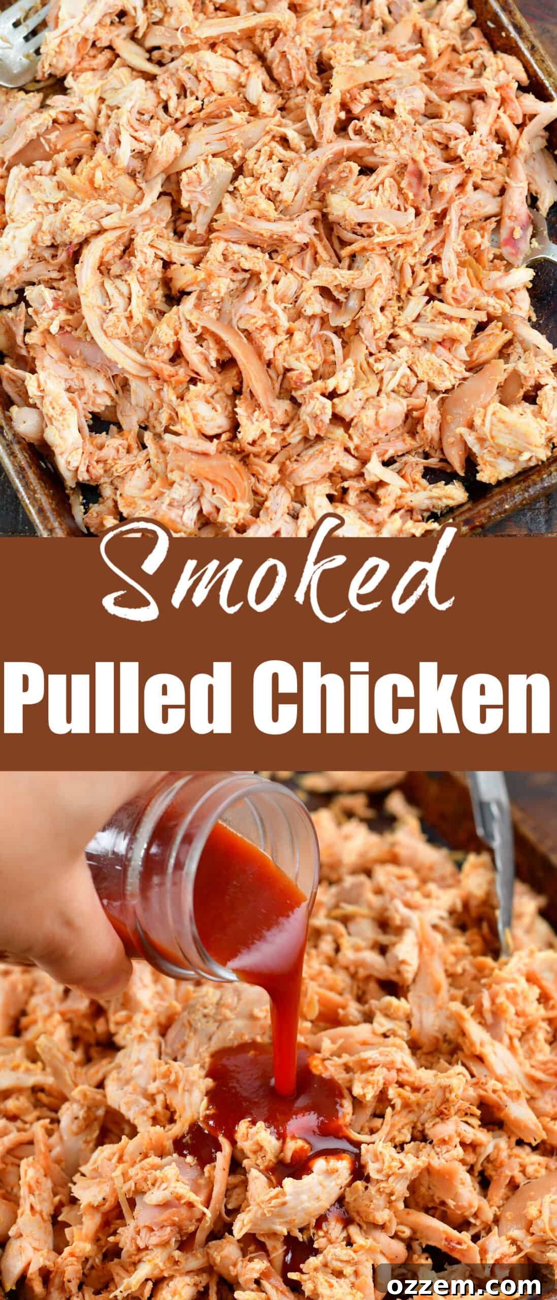 A collage of two images: one showing an uncooked seasoned whole chicken and another showing pulled chicken mixed with BBQ sauce.