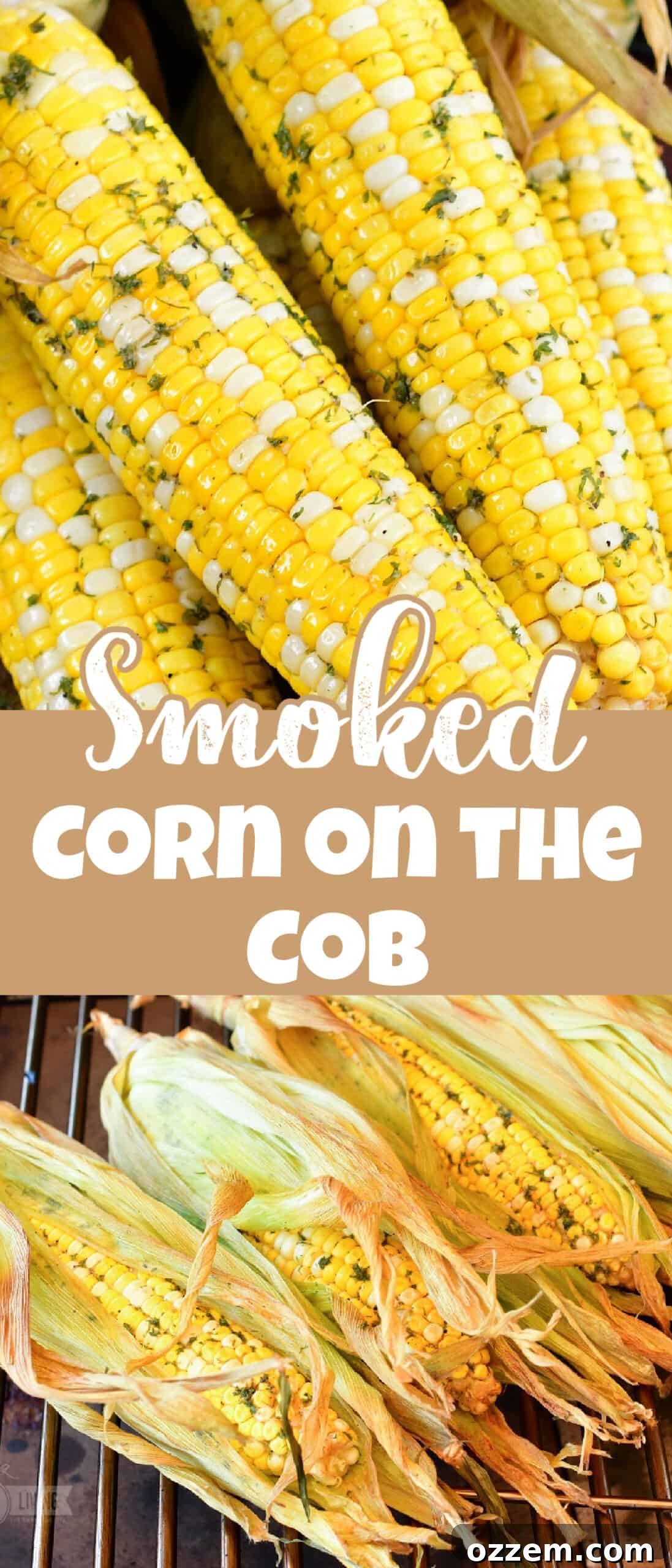 Collage of two images showcasing delicious smoked corn on the cob, one close-up and one whole